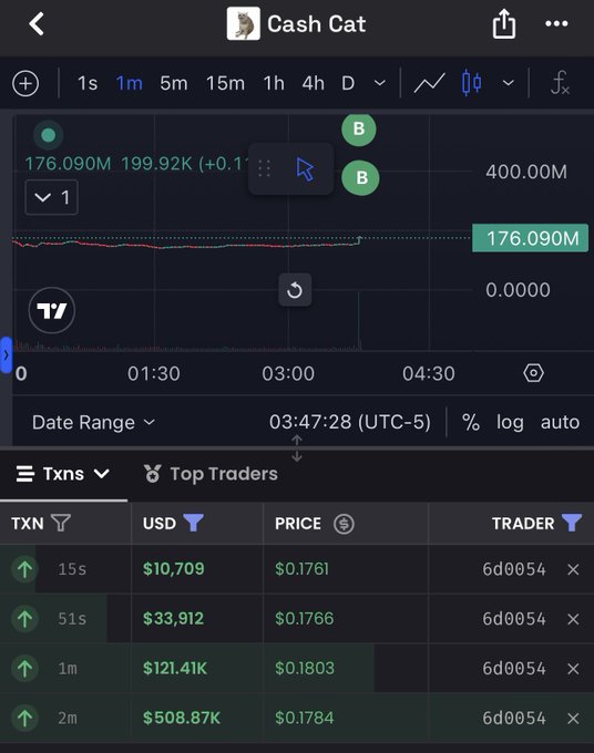 A cryptocurrency trading chart shows the "Cash Cat" token priced at $0.1761 with a market cap of 176.09M, displaying large buy transactions from trader "6d0054" including notable purchases of $121.41K and $508.87K. The image visually supports the post's claim about smart money accumulating $CASHCAT, with the substantial green buy transactions reinforcing the narrative of significant capital deployment into the token.