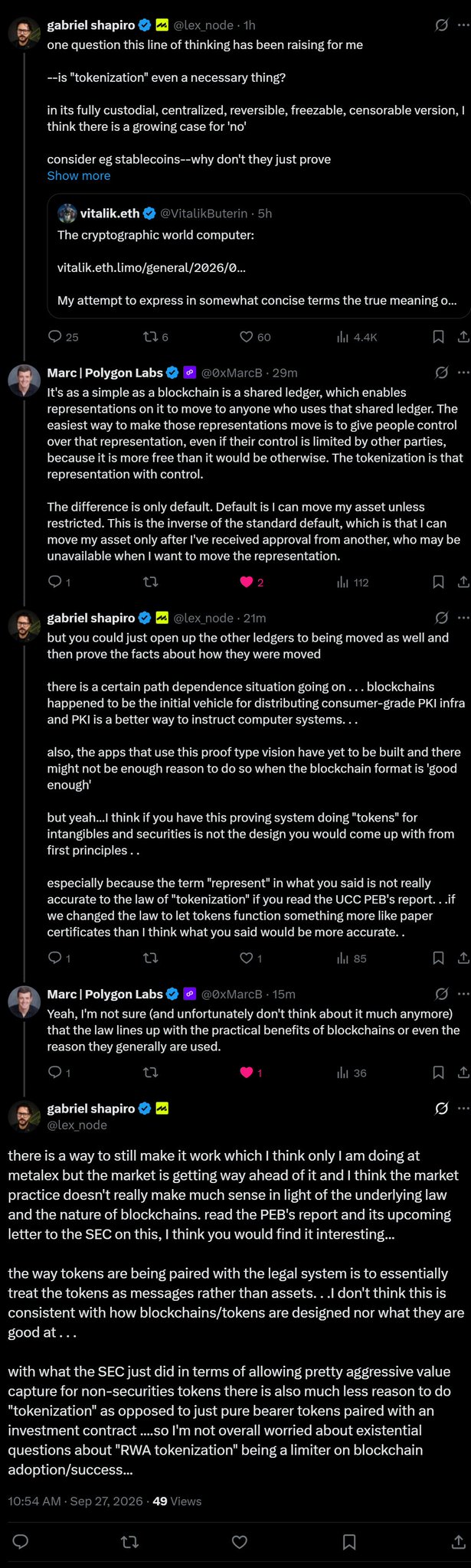 A long Twitter thread debating whether 'tokenization' is necessary for blockchains, featuring replies between Gabriel Shapiro (@lex_node) and Marc from Polygon Labs (@0xMarcB), with Gabriel arguing tokens are essentially 'messages rather than assets.'