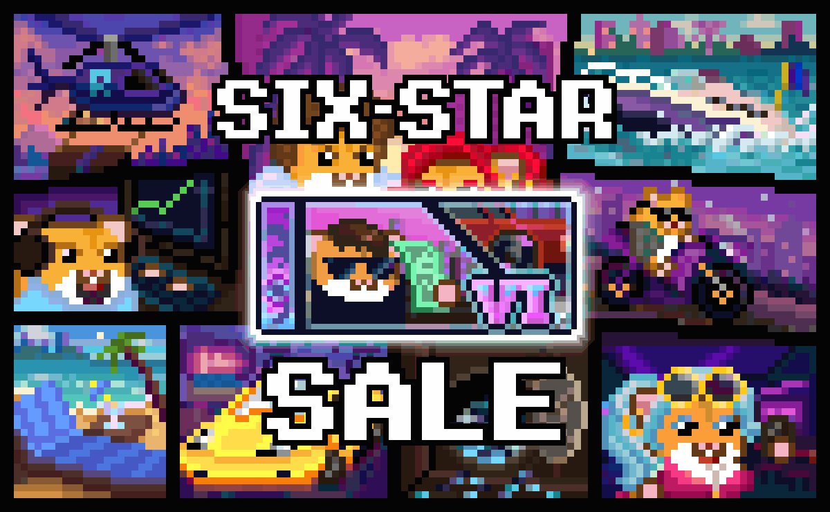 A pixel-art collage featuring a chubby orange cat in various scenes (pirate, swimmer, gamer, beach-goer) with bold "SIX-STAR SALE" text overlaying a central monitor display, promoting a mining hardware sale offering 30,000,000 Gh/s with 6% bonus and 4,000,000,000 Gh/s with 100% bonus, while encouraging users to share RC x GTA 6 memes for a chance to win the miner for free.