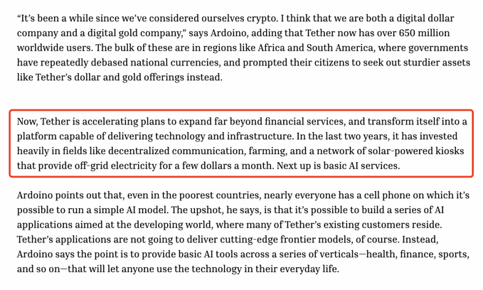 A text excerpt from a Fortune article on Tether, featuring a highlighted paragraph detailing CEO Paolo Ardoino's plans to expand beyond financial services into a tech platform investing in decentralized communication, farming, solar-powered off-grid electricity kiosks, and upcoming AI services. The passage notes Tether's user base has surpassed 650 million worldwide, with growth concentrated in regions like Africa and South America where citizens seek alternatives to debased national currencies.