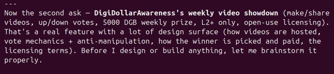 A screenshot of text discussing 'DigiDollarAwareness's weekly video showdown' design, mentioning a 5000 DGB weekly prize, L2 only, and open-use licensing.