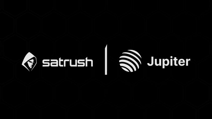 The image displays a partnership graphic featuring the logos of "satRush" and "Jupiter" side by side on a black hexagonal-patterned background, visually representing the collaboration highlighted in the post about Sat Rush utilizing Jupiter's swap infrastructure on Solana.