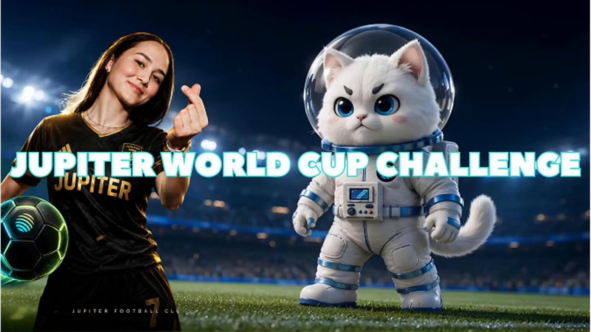 The image features a girl posing with a cat wearing an astronaut suit, both of them standing next to each other. The girl has her arm around the cat's waist while they are both facing forward. In the background, there is a soccer ball visible on the field. The image also includes text that reads "Jupiters World Cup Challenge", which suggests that this photo could be related to an advertisement or promotional campaign for the Jupiters World Cup Challenge.
