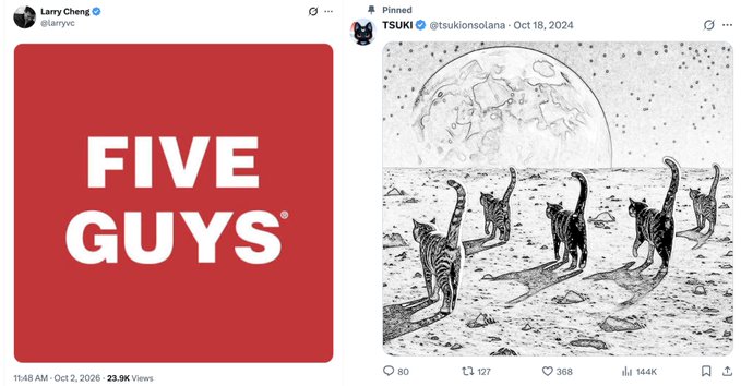 Side-by-side social media posts: Larry Cheng shares the official logo, and 'TSUKI' (@tsukionsolana) shares a black-and-white illustration of cats walking toward a moon on October 18, 2024.