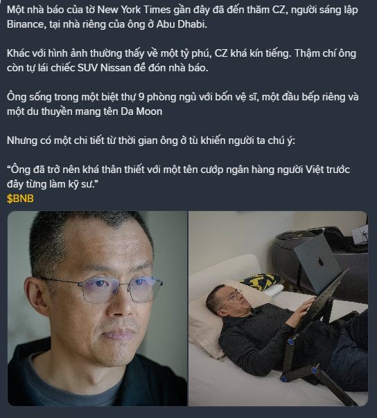 A Vietnamese-language news post about CZ, the founder of Binance, visiting a New York Times reporter at his home in Abu Dhabi, mentioning a stolen Vietnamese bank account, with photos of CZ with glasses and lying on a bed using a laptop.