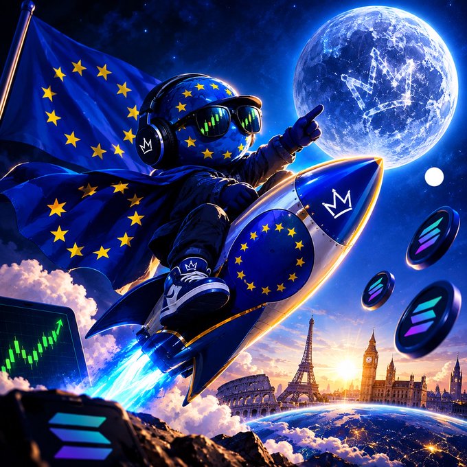 A digital illustration shows an astronaut wearing a helmet and cape resembling the European Union flag riding a rocket adorned with EU stars and Sol meme logos toward a moon marked with the Solana logo, with landmarks like the Eiffel Tower and Big Ben below amid floating Sol coins.