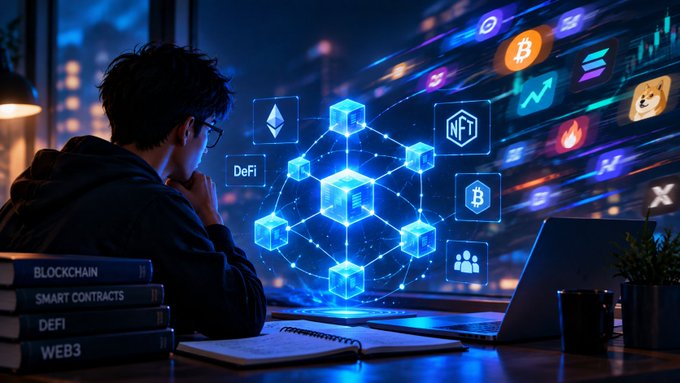 A person studies at a desk with books labeled 'BLOCKCHAIN', 'SMART CONTRACTS', 'DEFI', and 'WEB3', while a holographic display shows icons for Ethereum, DeFi, NFT, Bitcoin, and Dogecoin.