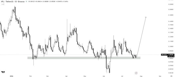 A TradingView candlestick chart for 'XPL / TetherUS 1D - Binance' showing price action from early 2024 through July, with an arrow pointing to a potential breakout above resistance.