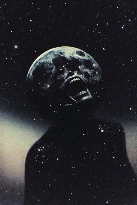 A surreal dark artwork depicting a figure with a moon for a head, mouth open in a scream, set against a starry night sky.