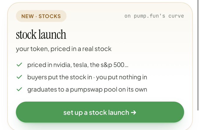 The image shows a promotional card for "stock launch," a new feature on pump.fun's bonding curve, tagged as "NEW · STOCKS." It describes the feature with bullet points: tokens priced in real stocks like NVIDIA, Tesla, and the S&P 500, where buyers put the stock in (not the seller), and the pool automatically graduates to a PumpSwap pool. A green "set up a stock launch →" button appears at the bottom, illustrating the new Stock Launch feature the post is announcing.
