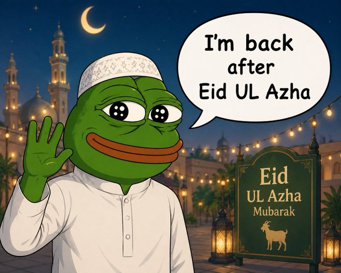 The image features a cartoon frog, presumably of the character Eid Ull Azha, waving at the camera with his arms raised. The background includes a cityscape with buildings under a night sky, as well as a sign that reads "Eid Ull Azha Muhabarak". The caption below the image states "I'm back after Eid Ul-Adah Muhamarak", suggesting that the cartoon frog is celebrating the Islamic holiday of Eid.