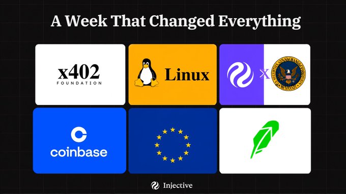 An infographic titled 'A Week That Changed Everything' displaying six logos: x402 Foundation, Linux, Coinbase, the EU flag, and Injective, along with two other partially visible logos.