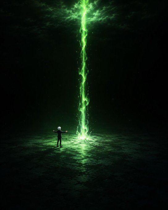A dramatic digital artwork showing a small figure with outstretched arms facing a towering column of green ethereal light or flame in a dark void.