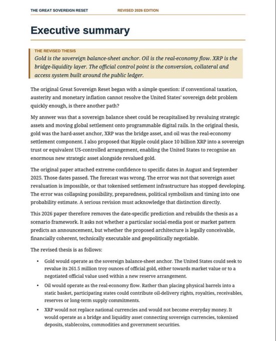 An executive summary document titled 'THE GREAT SOVEREIGN RESET REVISED 2026 EDITION', discussing gold as a sovereign balance-sheet anchor, oil as real-economy flow, and XRP as a bridge-liquidity layer.