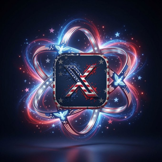 𝕏 is a logo for an app called "America's Super App". It features a blue square with red x's, surrounded by three circles of different colors - red, blue, and white stars. The background of the image is black, which contrasts with the vibrant colors of the logo and makes it stand out.