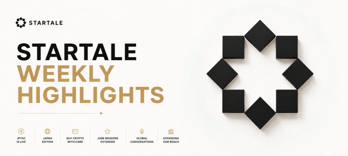 A promotional banner for "STARTALE WEEKLY HIGHLIGHTS" featuring a geometric black square logo design, with icons along the bottom highlighting key topics including "JPYSC IS LIVE," "JAPAN EDITION," "BUY CRYPTO WITH CARD," "JUNE MISSIONS EXTENDED," "GLOBAL CONVERSATIONS," and "EXPANDING OUR REACH"—visually summarizing the week's announcement that Japan's first trust bank-backed yen stablecoin, JPYSC, has officially launched.