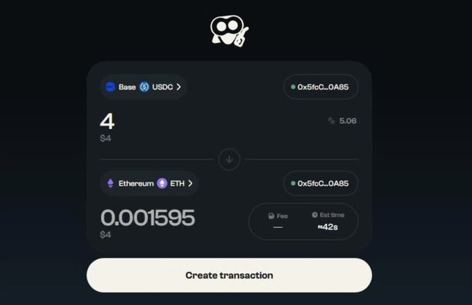 A cryptocurrency transaction interface showing an exchange from 4 USDC on Base to 0.001595 ETH on Ethereum, with an estimated time of approximately 42 seconds.