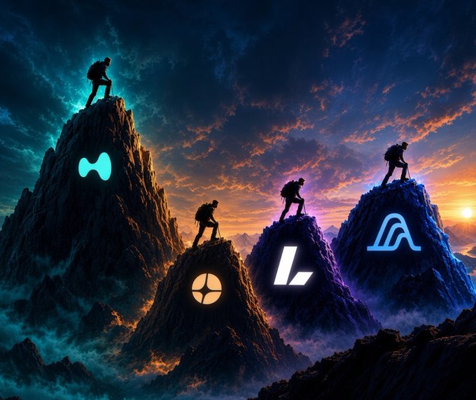 A digital artwork showing four silhouetted hikers with backpacks standing atop mountain peaks at sunset, with various cryptocurrency logos (Harmony, XRP, Aave, and an unidentified symbol) glowing on the rock faces below them.