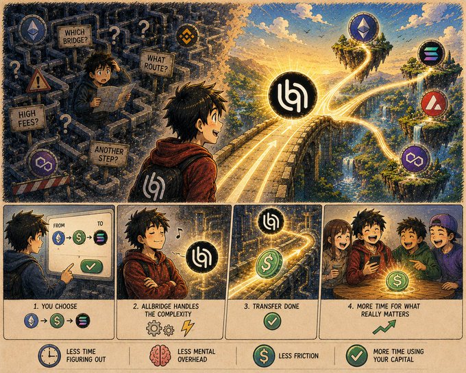 An illustrated comic-style infographic showing a bridge representing cryptocurrency transfers between Ethereum, Solana, and other chains, with steps: '1. YOU CHOOSE', '2. ALLBRIDGE HANDLES THE COMPLEXITY', '3. TRANSFER DONE', '4. MORE TIME FOR WHAT REALLY MATTERS'.