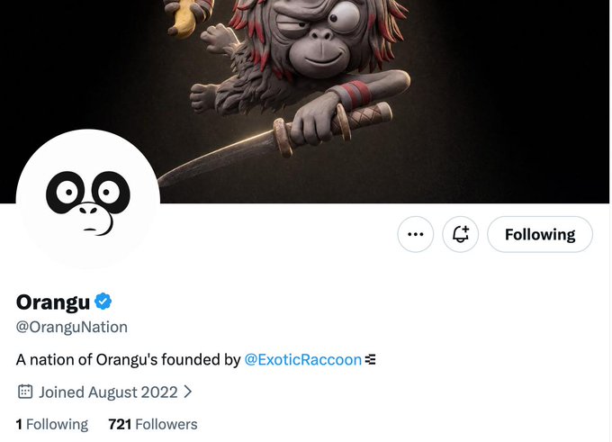 A Twitter/X profile for @OranguNation, verified account founded by @ExoticRaccoon, showing 1 Following and 721 Followers, with a banner depicting a samurai-style character holding a katana.