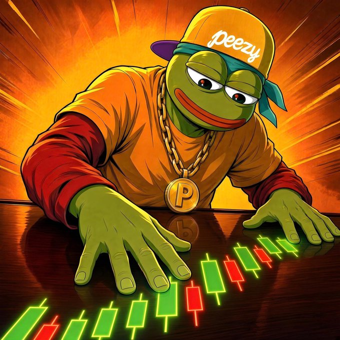 A cartoon illustration of a Pepe-style frog character wearing an orange shirt and a 'peezy' cap with a 'P' medallion, leaning over a trading candlestick chart with green and red candles against an orange background.