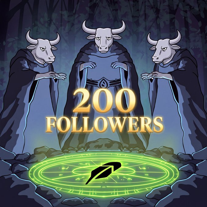 A fantasy illustration shows three bull-headed robed figures standing around a glowing green magic circle, with the text '200 FOLLOWERS' displayed in gold lettering.