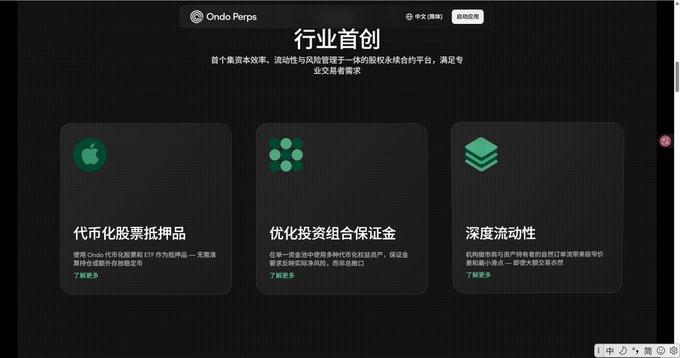 A Chinese-language webpage for Ondo Perps (中文(简体)) featuring the heading '行业首创' with three feature cards highlighting tokenized stocks as collateral, optimized portfolio margin, and deep liquidity.