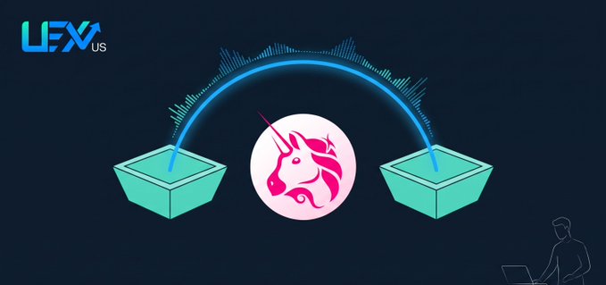 A promotional graphic for LFX.US features a pink unicorn logo with a blue arch connecting two teal platforms, suggesting bridging or swapping services.