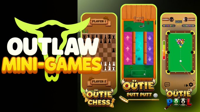 The image features a poster for an outlaw mini-games game that has been released by the Outlaws gaming company. The poster showcases three different games, each with its own unique gameplay experience. The first game is a pool game called "Outlaw Mini-Games", which includes a pool table and various billiards balls to play against other players. The second game is a chess game named "Outlaw Mini-Games" that features two pieces of the same color, each with their own unique abilities and strategies. The third game is a golf game called "Outlaw Mini-GAMES", which includes a golf club and various golf balls to play against other players. The poster also highlights the benefits of playing these games, such as skill-based gaming and crypto rewards for those who participate in the daily PVP Quest.