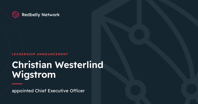 A "Leadership Announcement" graphic for Redbelly Network announces that Christian Westerlind Wigstrom has been appointed Chief Executive Officer, set against a dark background with a geometric network design.