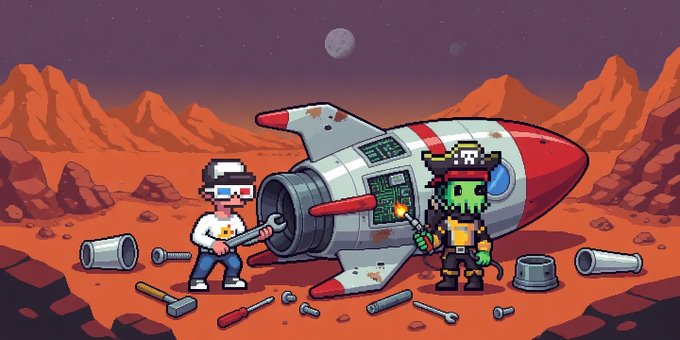 A pixel art scene shows two characters, one human and one green-skinned wearing a pirate hat, working on a red and white rocket ship on a rocky Mars-like landscape with a moon in the sky.