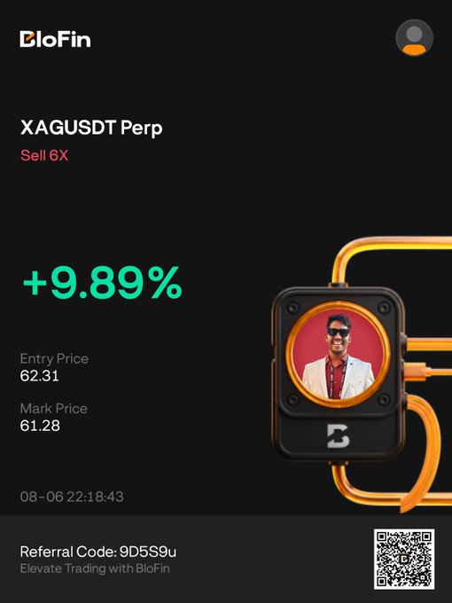 The image shows a BloFin trading app screenshot displaying a successful short position on XAGUSDT Perp (Silver) with a +9.89% gain, entry price of 62.31 and mark price of 61.28, serving as proof of a winning silver trade shared with the VIP trading group.