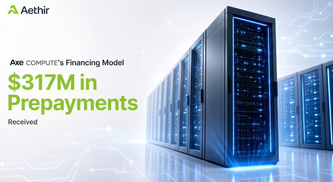 Aethir highlights Axe COMPUTE's financing model, showcasing $317M in prepayments received, contrasting with peers who finance GPU fleets with debt secured on the hardware. The image features the Aethir logo and an array of server racks illuminated in blue, visually representing the GPU infrastructure underlying the prepaid financing approach.