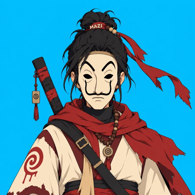 A masked warrior character named "MAZI" wears a red scarf and carries a sword on his back, depicted in a stylized illustration. The mask and warrior aesthetic align with the post's "GM CT" (Good Morning Crypto Twitter) greeting, fitting the mystique of a new day.