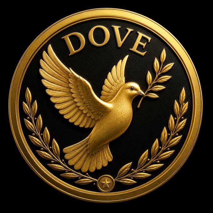 A gold and black emblem featuring a dove holding an olive branch, framed by laurel wreaths, with the word "DOVE" inscribed at the top and a small star at the bottom. The image serves as the official logo or branding for the $DOVE memecoin, visually embodying the project's themes of peace, freedom, and community through traditional symbols of peace and victory.