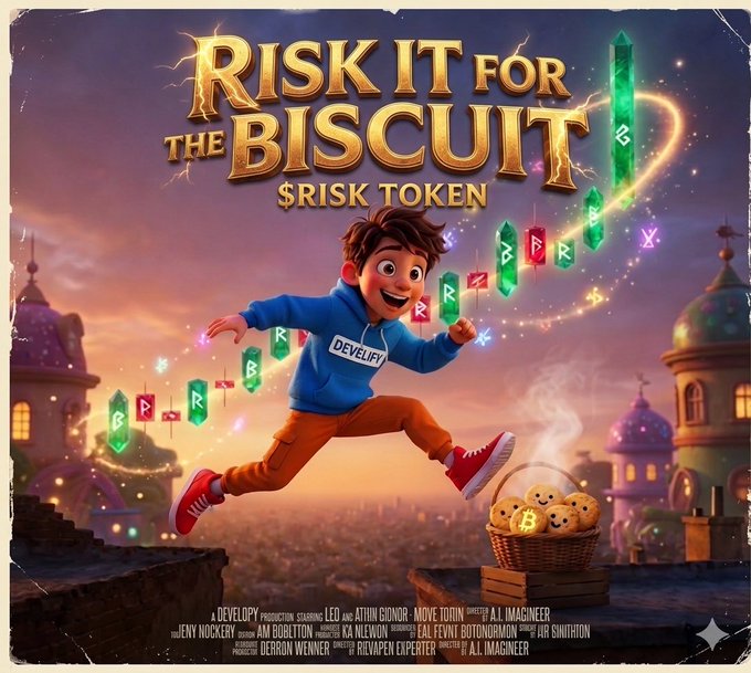 The image features a cartoon boy running through a city, with buildings and trees around him. In the background of the image, there are cookie icons scattered throughout the scene. The text "Risk It for the Biscuit" is written above the boy's head, while the phrase "Srisk TAKEN" appears below his feet.

The post seems to be promoting a movie or game called "Risk It For The Biscuit". The image and its accompanying text are related to this promotion, as they both feature the character from the movie running through a city setting with cookie icons scattered throughout the scene.