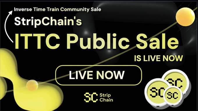 A promotional graphic for StripChain's Inverse Time Train Community (ITTC) Public Sale announces the event is "LIVE NOW" in bold yellow text against a dark background, with the StripChain (SC) logo and token imagery displayed alongside the "LIVE NOW" call-to-action button. The image supports the post's vision of StripChain as the "Polkadot of the multi-chain era" by promoting the community sale for the project building cross-chain interoperability infrastructure.
