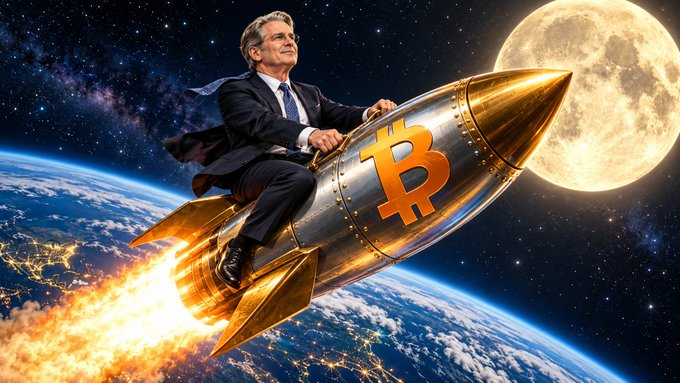 An AI-generated image depicting Jerome Powell, Chairman of the Federal Reserve, riding a rocket styled with the Bitcoin logo as it flies past the moon with Earth visible below.