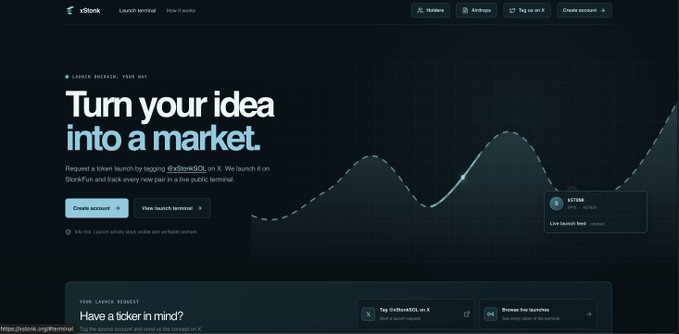A dark-themed xStonk launch terminal shows the headline “Turn your idea into a market,” with options to “Create account” and “View launch terminal,” plus a launch graph and ticker references. It visually supports the post’s claim that users can launch tokens through the STONK ecosystem by tagging xStonk on X.