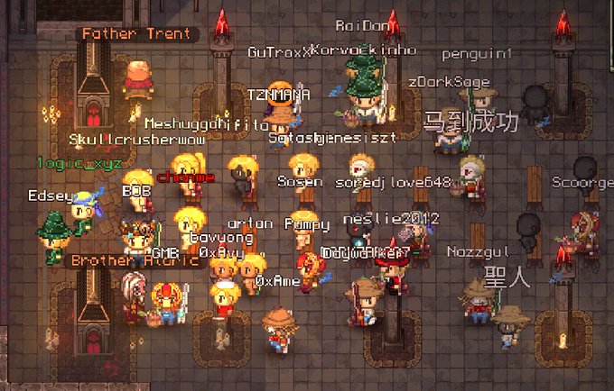 A crowded scene from a pixel-art MMORPG showing numerous player characters with usernames like 'Father Trent', 'Meshuwggdhifi', 'SkullcrusherJuuh', and 'BOB' gathered in a stone chamber.