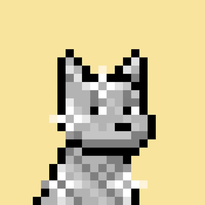 A pixelated gray cat with pointed ears sits against a pale yellow background.
