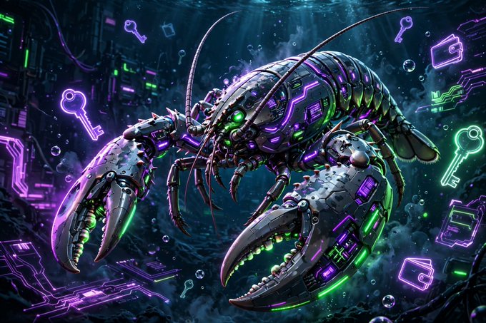 A digital illustration depicts a cybernetic lobster with glowing purple and green neon accents surrounded by floating key icons against a dark, futuristic background.