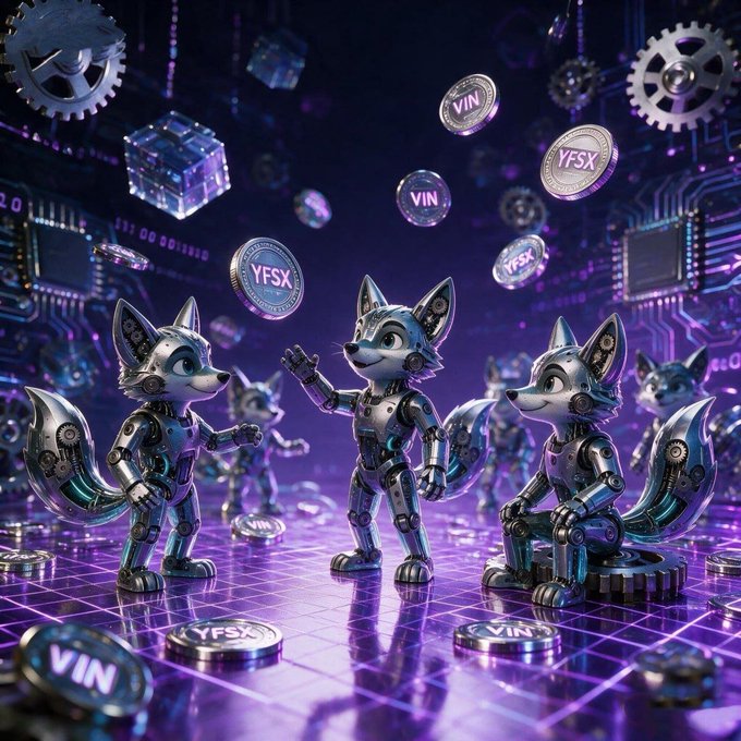 A group of robotic foxes gather around floating "YFSX" and "VIN" coins within a futuristic, neon-lit digital circuit environment, symbolizing the DeFi ecosystem's smart contract-driven, decentralized nature. The image visually represents how YFSX and VIN tokens are distributed and interact within an automated, on-chain protocol governed by liquidity providers rather than centralized authorities.