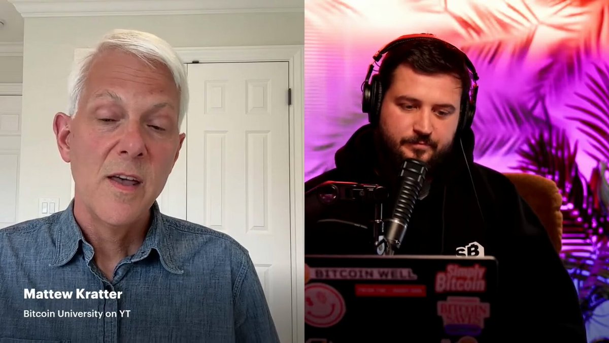 In this image, there are two men sitting behind microphones at a podcast recording session. One man has white hair and is wearing a blue shirt, while the other man has dark hair and is wearing a black jacket with a laptop open on his lap. The background features a purple wall adorned with palm trees. The post includes text that reads "Matthew Kratter from Bitcoin University explains what happens if Bitcoin doesn't succeed: ?".