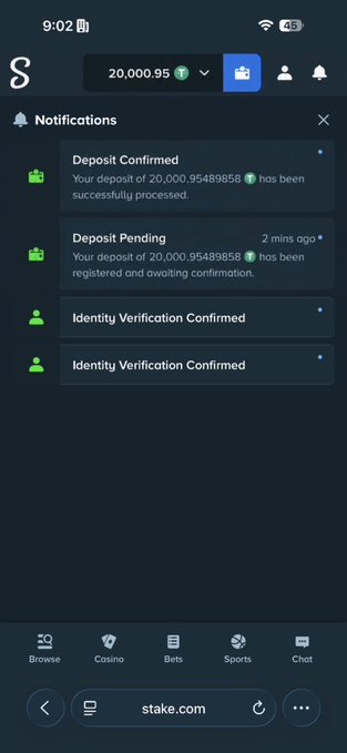 A mobile browser screenshot of stake.com showing a notifications panel with a confirmed deposit of 20,000.95489858 ($20K) and pending/confirmed identity verification, visually corroborating the user's $20,000 deposit claim for a $100-per-person giveaway to 10 followers.