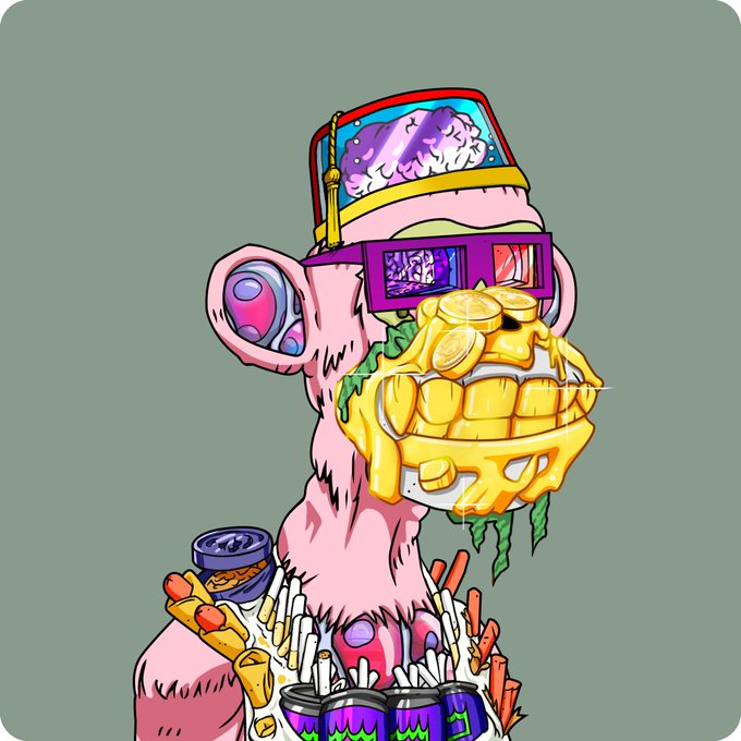 A psychedelic illustration of a pink humanoid figure with a brain in a jar for a head, wearing purple shutter shades, with teeth made of gold coins and fries/cigarettes/energy drinks emerging from its body.