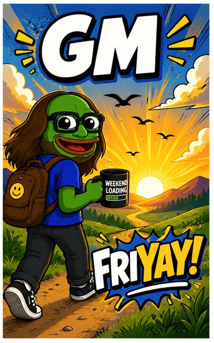 A cheerful green frog character wearing glasses and a backpack walks through a scenic landscape holding a "Weekend Loading" mug, with bold "GM" and "FRIYAY!" text celebrating the end of the workweek. The illustration captures the post's upbeat Friday energy, embodying the "keep it froggy" sentiment with its fun, animated style.