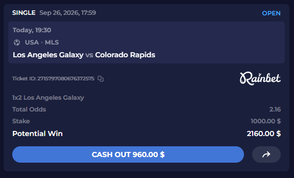 The image shows a Rainbet betting slip for a single bet on the Los Angeles Galaxy vs Colorado Rapids MLS match (Sept 26, 2026), where a $1000 stake on a Galaxy 1x2 bet yields a potential win of $2160.00, with a cash-out option of $960.00 — reflecting the post's "strongest soldier" theme by showcasing a significant wager with an early cash-out value.