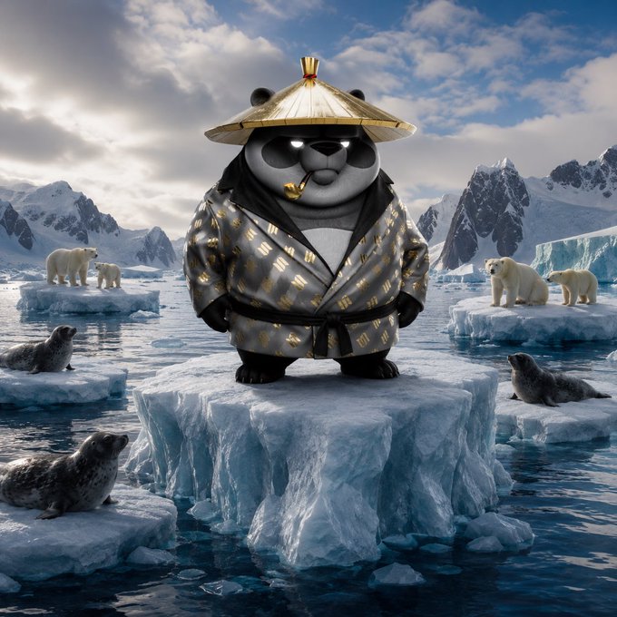 A panda dressed as a serene Asian monk with a glowing aura stands confidently on an iceberg, surrounded by floating seals and polar bears in an icy seascape—visually echoing the post's message about floating through life's currents with calm resilience. No visible text appears in the image itself.