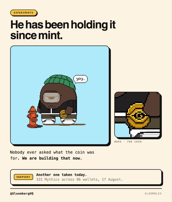 A pixel-art NFT showcase titled 'He has been holding it since mint' from @GloombergHQ, featuring a character holding a gold coin (#894 - THE COIN), with a snapshot noting '331 Mythics across 96 wallets, 17 August.'